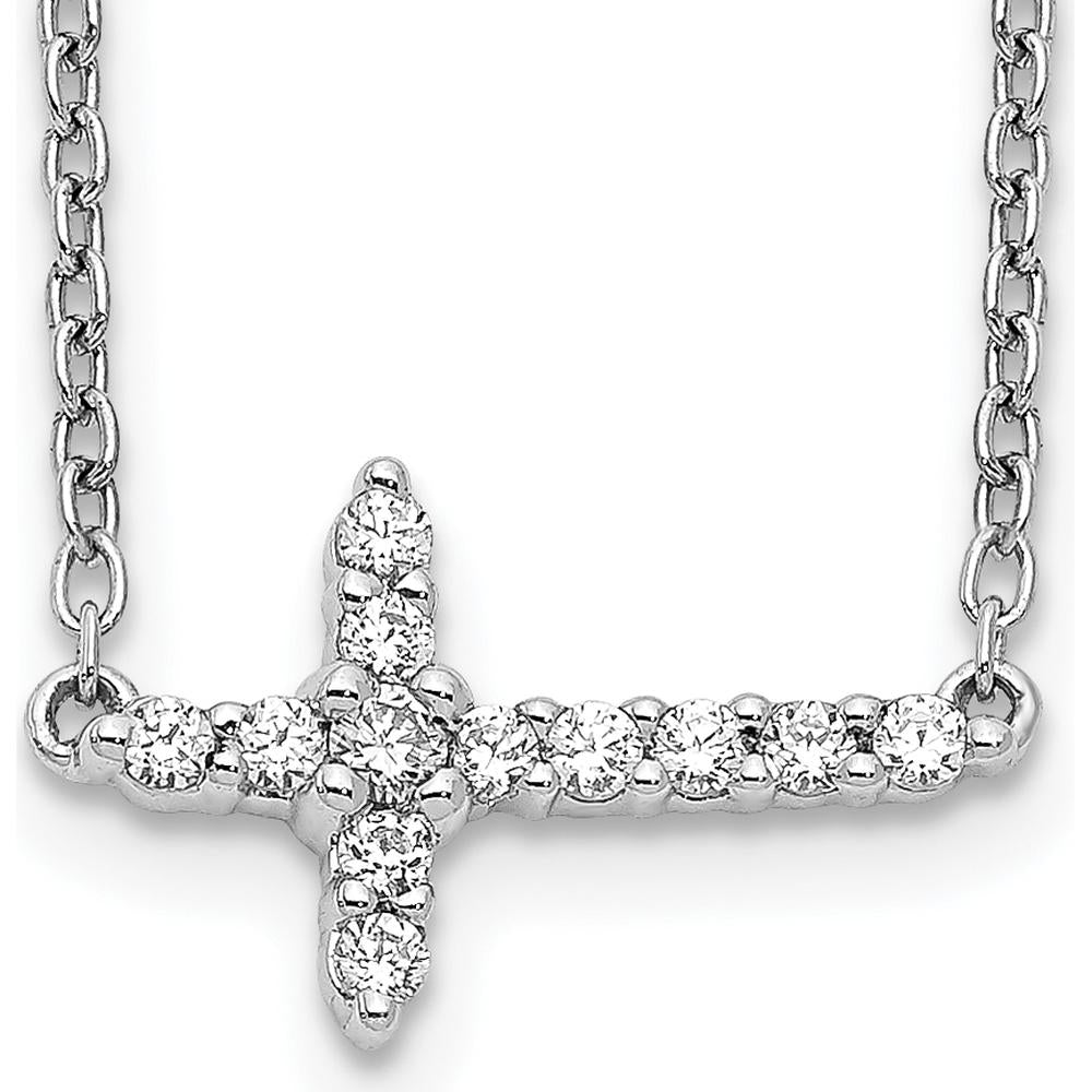 14K White Gold 1/6 Carat Diamond Sideways Cross Necklace - 18" Cable Chain by Monteluci Fine Jewelry