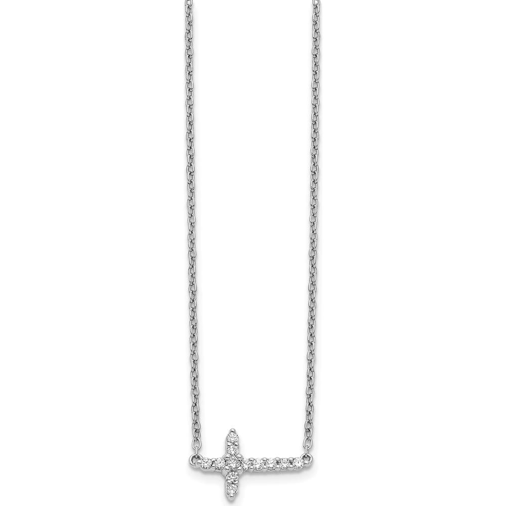 14K White Gold 1/6 Carat Diamond Sideways Cross Necklace - 18" Cable Chain by Monteluci Fine Jewelry