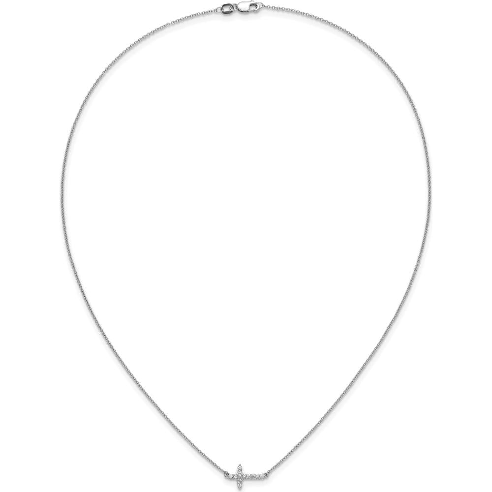 14K White Gold 1/6 Carat Diamond Sideways Cross Necklace - 18" Cable Chain by Monteluci Fine Jewelry
