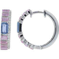 14K White Gold 1.60 Carat Pink & Blue Sapphire Hoops with Diamond Accents - 1.60 Carat Total Sapphire Weight