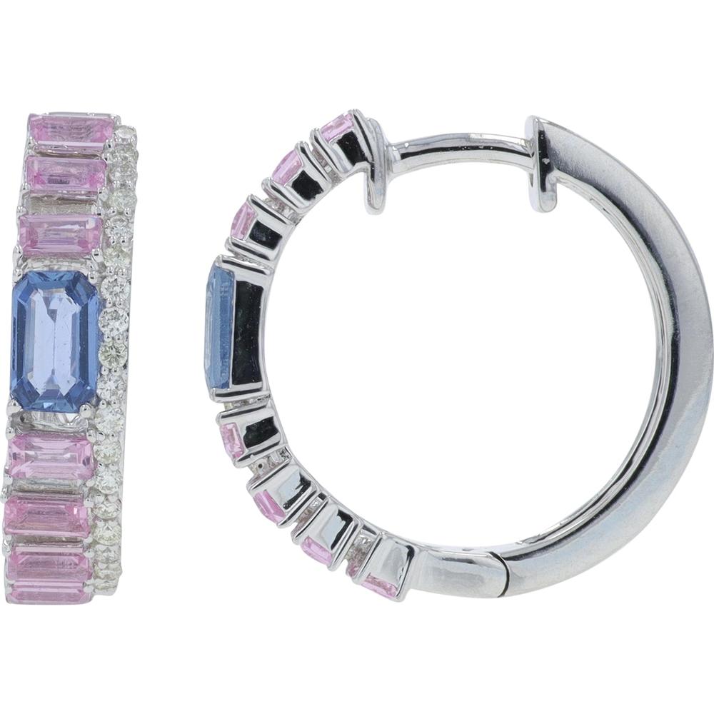14K White Gold 1.60 Carat Pink & Blue Sapphire Hoops with Diamond Accents - 1.60 Carat Total Sapphire Weight
