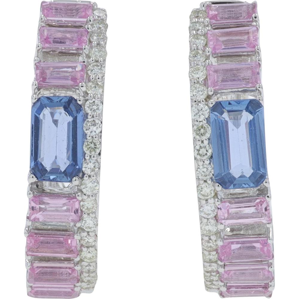 14K White Gold 1.60 Carat Pink & Blue Sapphire Hoops with Diamond Accents - 1.60 Carat Total Sapphire Weight