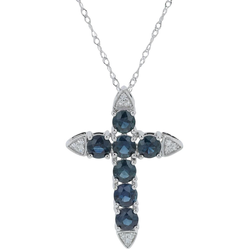 14K White Gold 1.60 Carat Sapphire Cross Pendant with Diamond Accents - 0.05 Carat Total Diamond Weight
