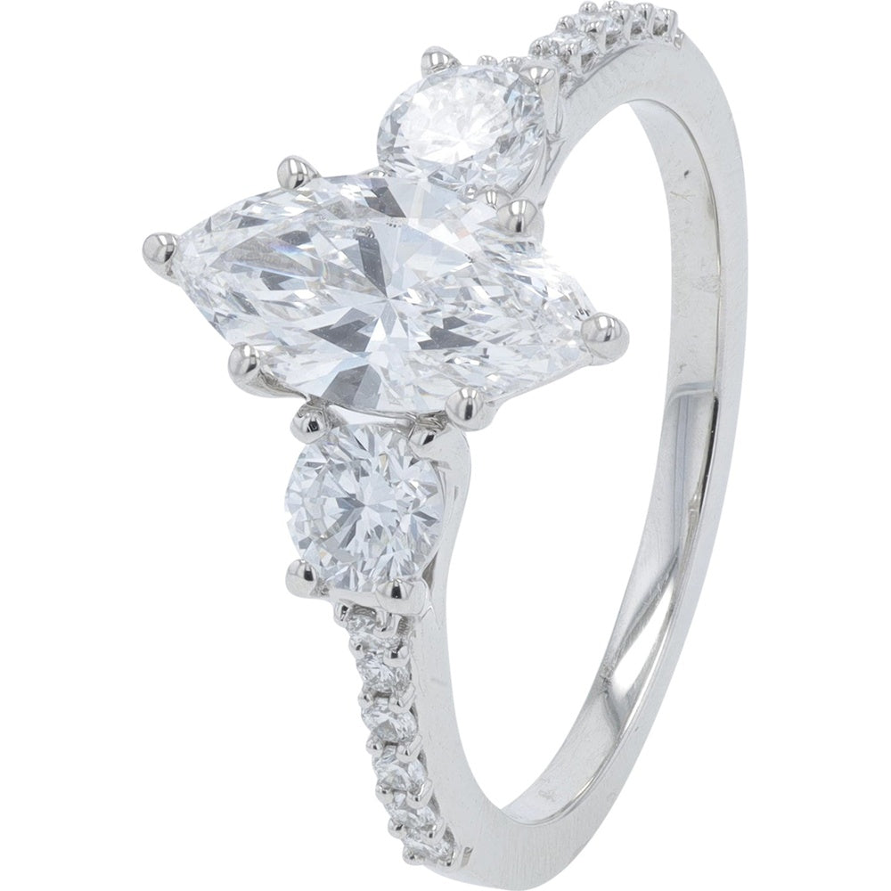 14K White Gold 1.65 Carat Total Weight Lab Grown Diamond Engagement Ring with Marquise Cut Center and Pavé Band - IGI Certified