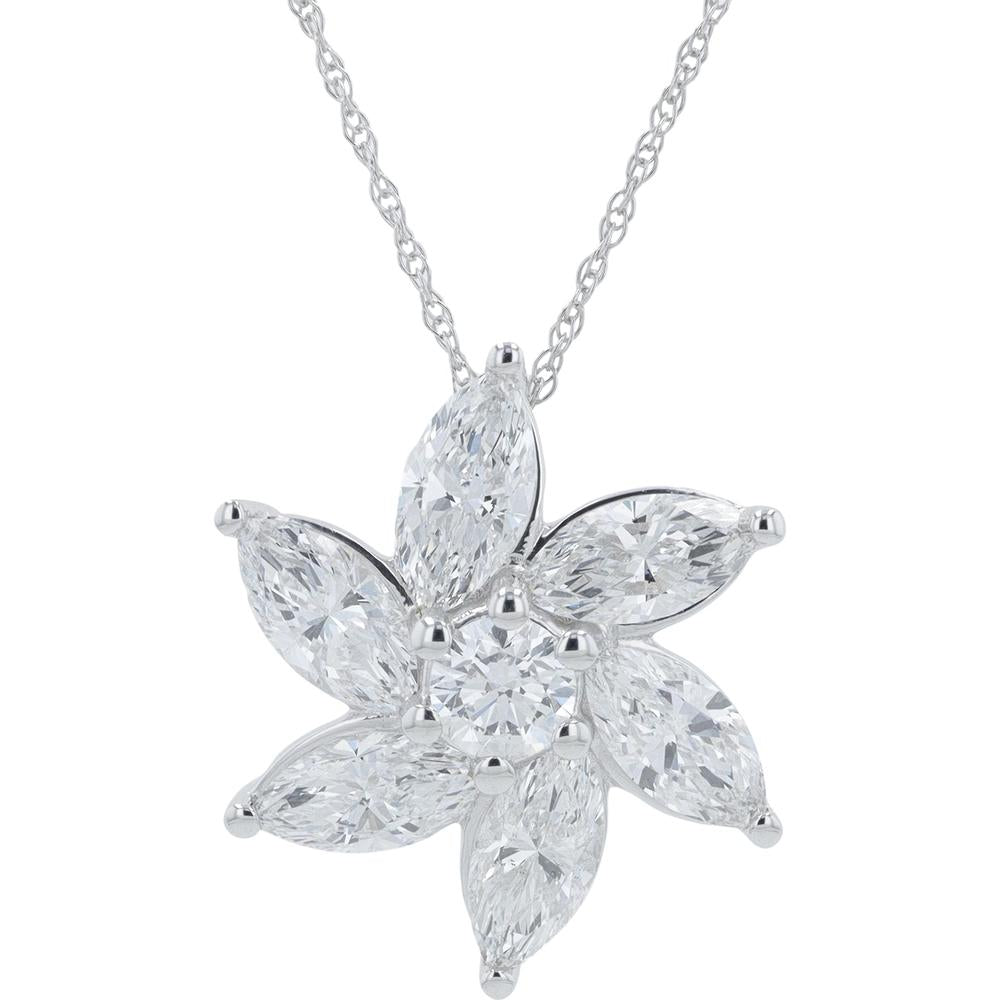 14K White Gold 1.75 Carat Total Weight Lab Grown Diamond Flower Pendant with Marquise and Round Diamonds