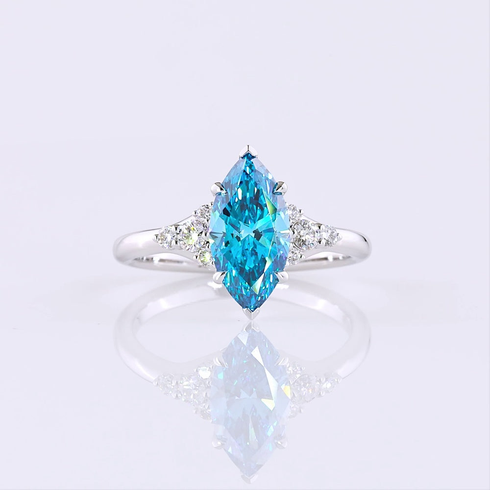 14K White Gold 1.84 Carats Total Weight Marquise Cut Fancy Vivid Blue Lab Diamond Ring with Brilliant Cut Diamond Accents - IGI Certified - Covaloro Fine Jewelry