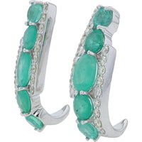 14K White Gold 1.85 Carat Oval Emerald J - Hoop Earrings with 0.32 Carat Diamond Accents