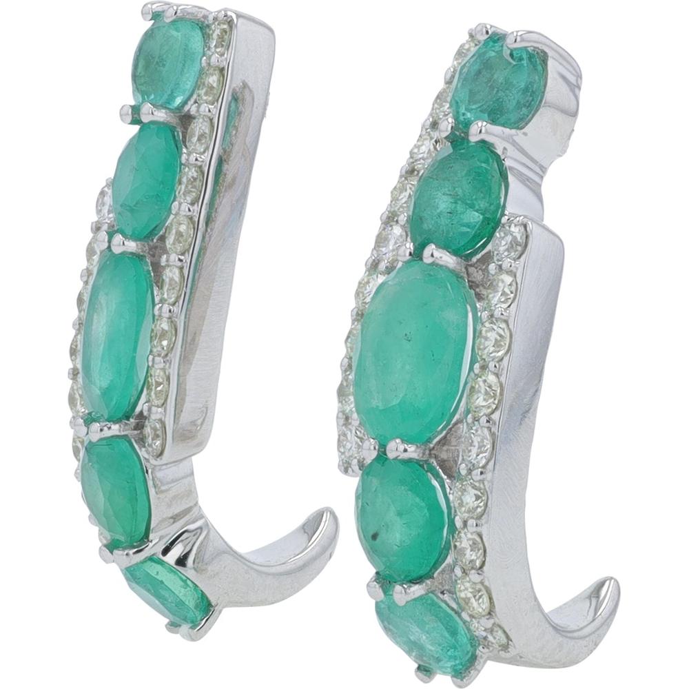 14K White Gold 1.85 Carat Oval Emerald J - Hoop Earrings with 0.32 Carat Diamond Accents