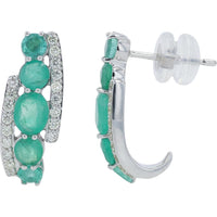 14K White Gold 1.85 Carat Oval Emerald J - Hoop Earrings with 0.32 Carat Diamond Accents