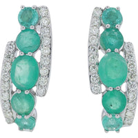 14K White Gold 1.85 Carat Oval Emerald J - Hoop Earrings with 0.32 Carat Diamond Accents