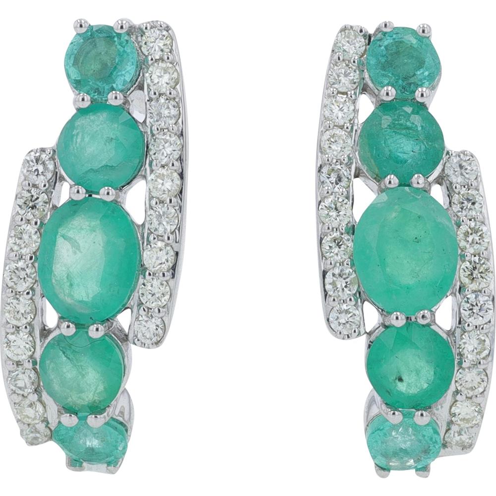 14K White Gold 1.85 Carat Oval Emerald J - Hoop Earrings with 0.32 Carat Diamond Accents
