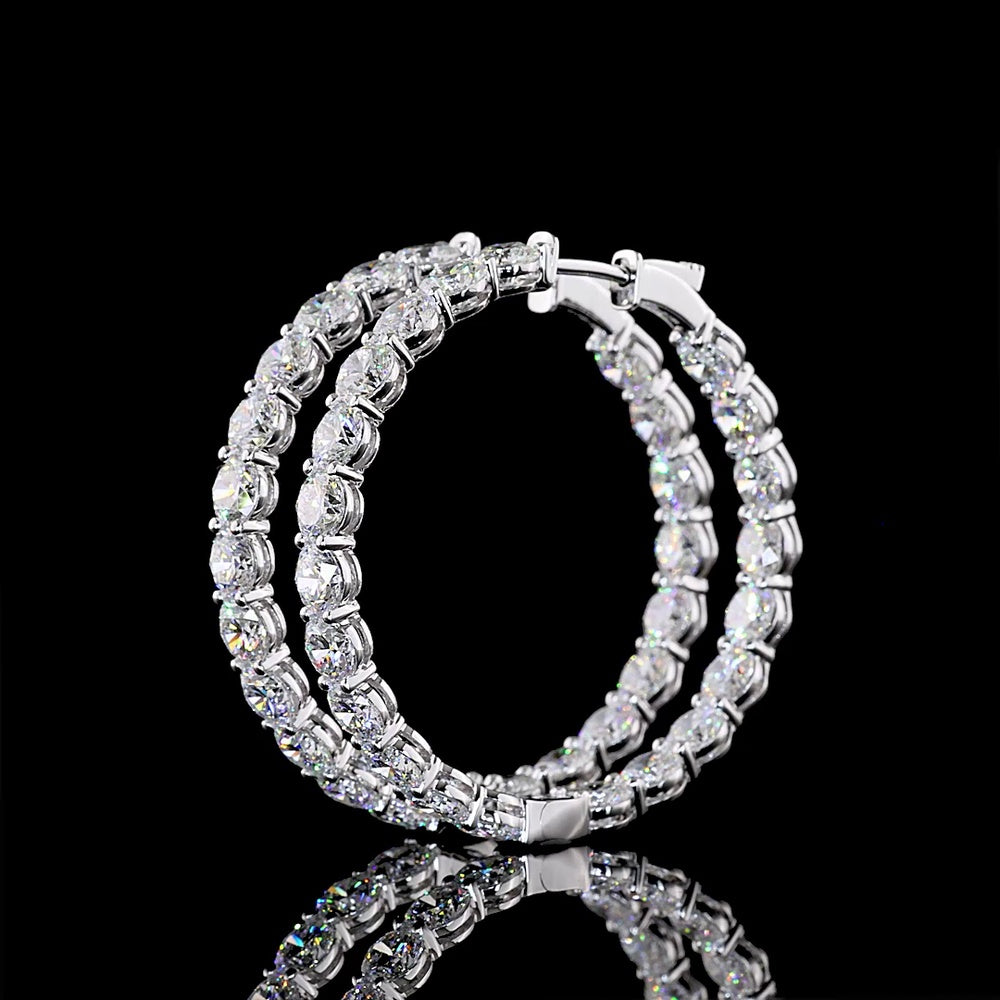 14K White Gold 1.9" Diamond Hoop Earrings with Prong Set Round Brilliant Cut Lab Diamonds - 12.73 Carat Total Weight - Covaloro Fine Jewelry