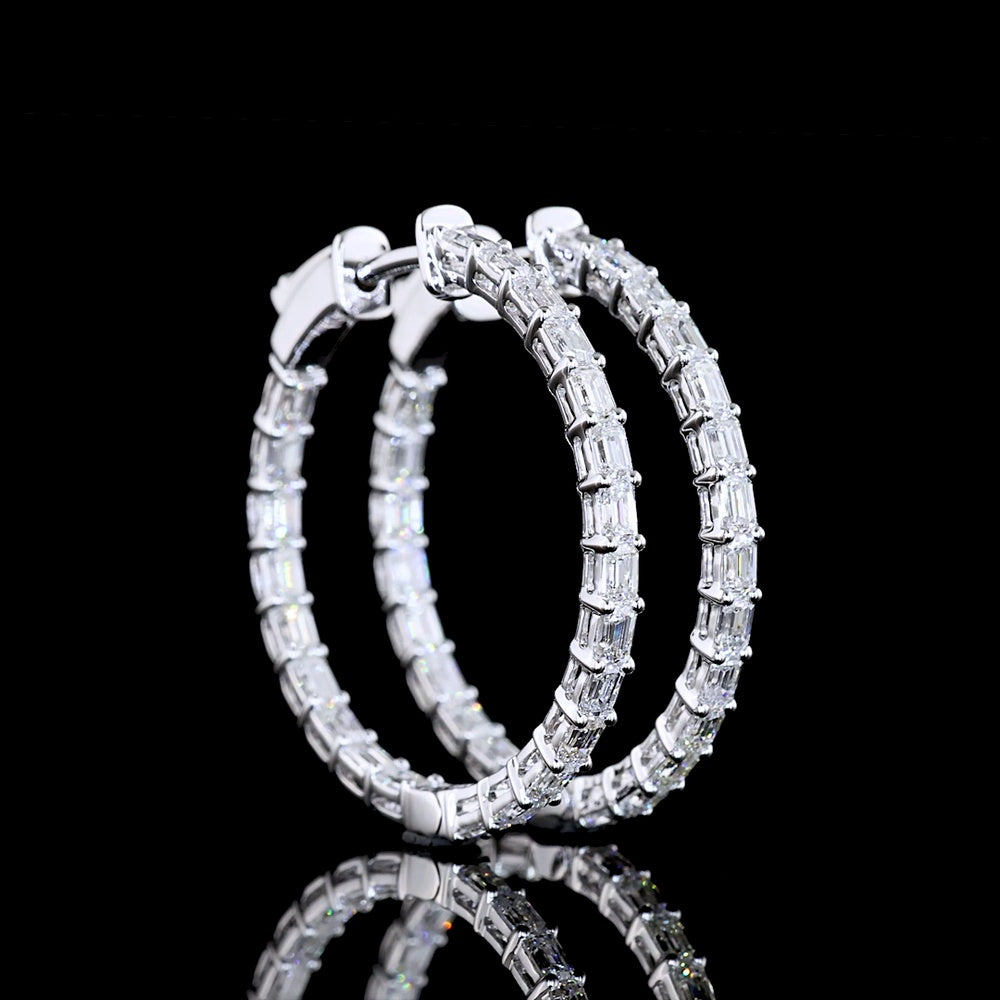 14K White Gold 1.92 Carat Medium Hoop Earrings with Prong Set Emerald Cut Lab Diamonds - E-F Color and VS1 Clarity - 46 Total Stones - Covaloro Fine Jewelry