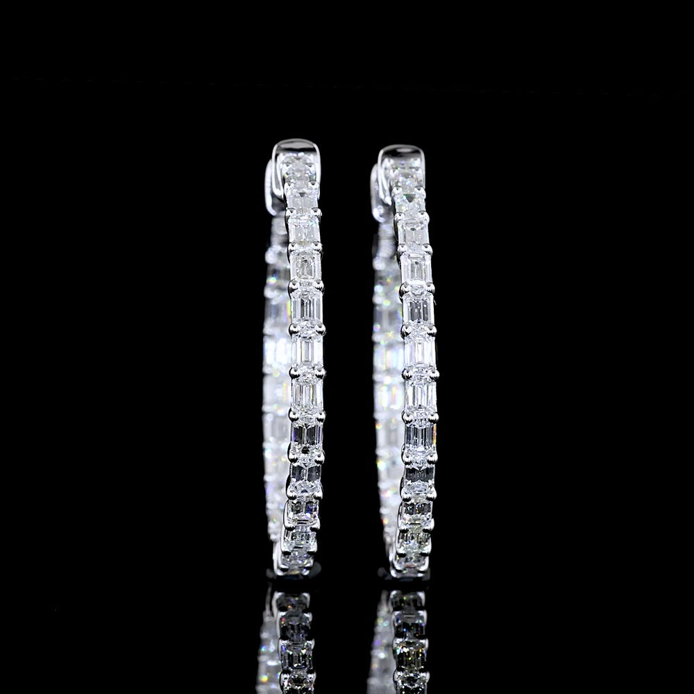 14K White Gold 1.92 Carat Medium Hoop Earrings with Prong Set Emerald Cut Lab Diamonds - E-F Color and VS1 Clarity - 46 Total Stones - Covaloro Fine Jewelry
