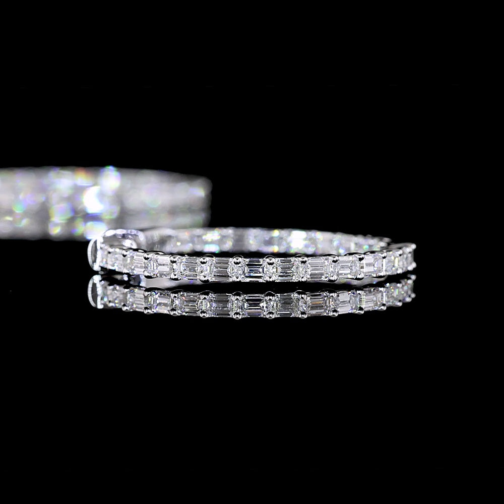 14K White Gold 1.92 Carat Medium Hoop Earrings with Prong Set Emerald Cut Lab Diamonds - E-F Color and VS1 Clarity - 46 Total Stones - Covaloro Fine Jewelry