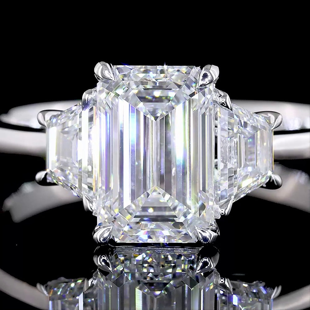 14K White Gold 1.95 Carat Three Stone Ring with Emerald Cut and Trapezoid Cut Lab Diamonds - F VS1 Center, North-South Prong Setting - Covaloro Fine Jewelry