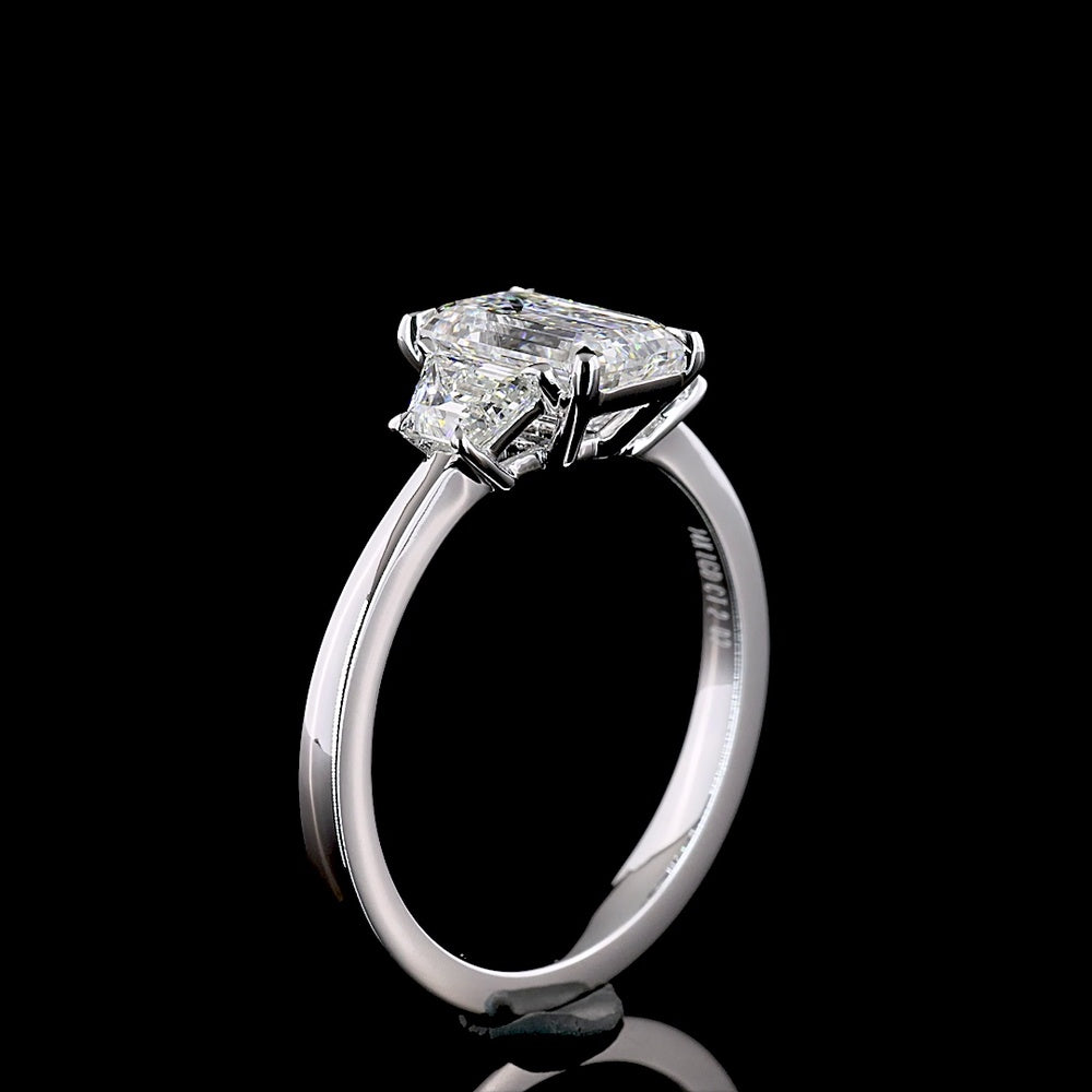 14K White Gold 1.95 Carat Three Stone Ring with Emerald Cut and Trapezoid Cut Lab Diamonds - F VS1 Center, North-South Prong Setting - Covaloro Fine Jewelry