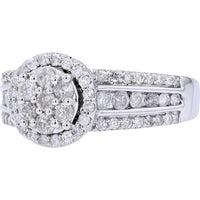 14K White Gold 1 Carat Cluster Engagement Ring with Diamond Halo Setting