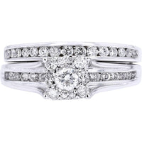 14K White Gold 1 Carat Diamond Bridal Set with Halo and Channel - Set Band - 1.00 Carat Total Diamond Weight