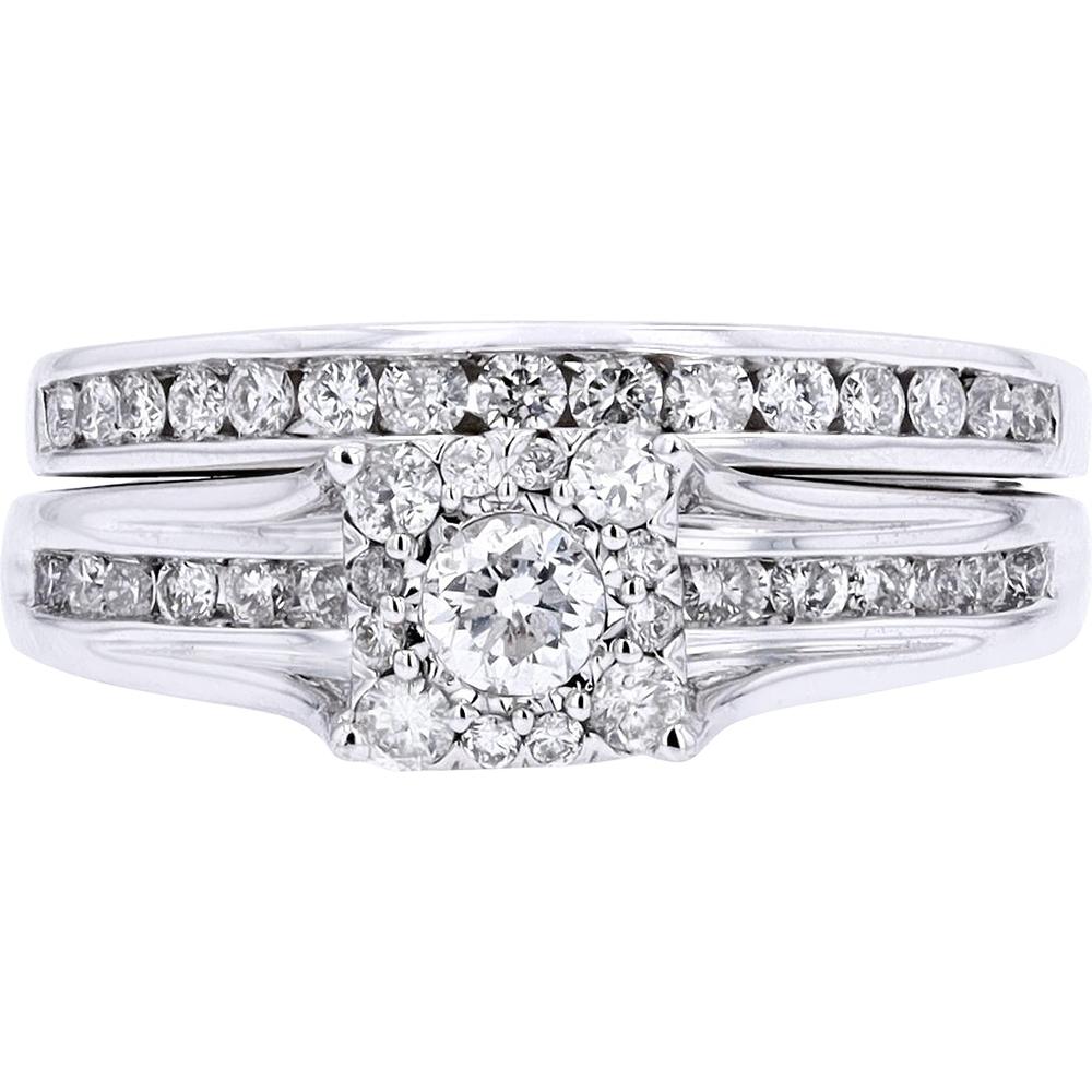 14K White Gold 1 Carat Diamond Bridal Set with Halo and Channel - Set Band - 1.00 Carat Total Diamond Weight