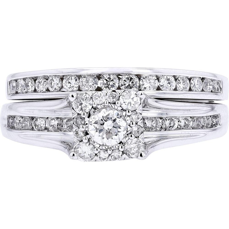 14K White Gold 1 Carat Diamond Bridal Set with Halo and Channel - Set Band - 1.00 Carat Total Diamond Weight