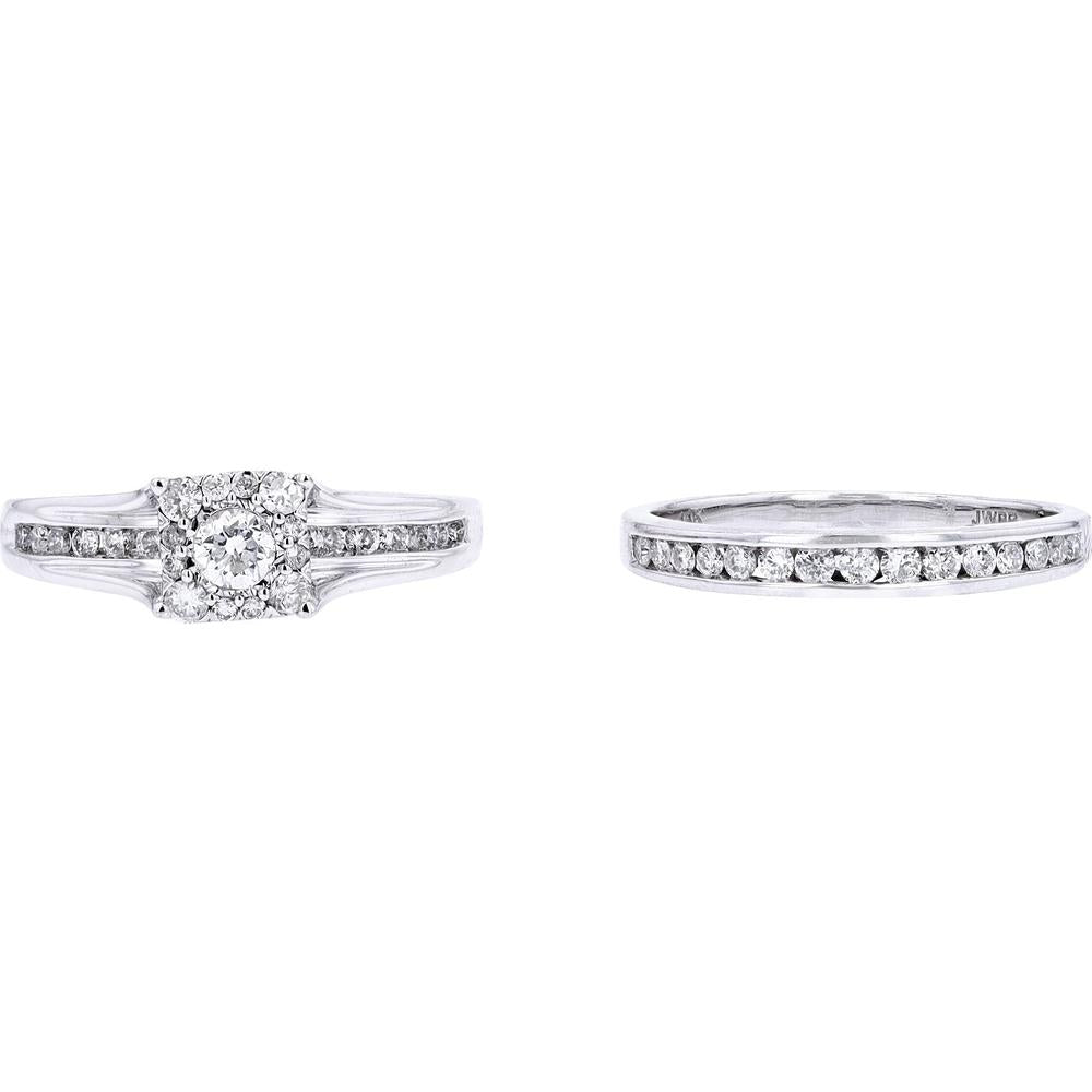 14K White Gold 1 Carat Diamond Bridal Set with Halo and Channel - Set Band - 1.00 Carat Total Diamond Weight