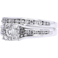 14K White Gold 1 Carat Diamond Bridal Set with Halo and Channel - Set Band - 1.00 Carat Total Diamond Weight