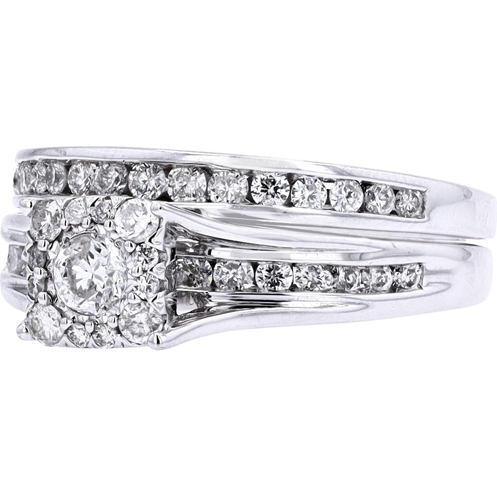 14K White Gold 1 Carat Diamond Bridal Set with Halo and Channel - Set Band - 1.00 Carat Total Diamond Weight