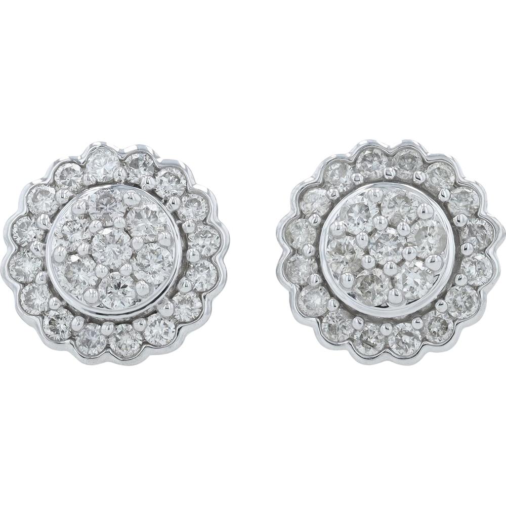 14K White Gold 1 Carat Diamond Cluster Stud Earrings - 0.50 Carat Diamond Weight per Earring