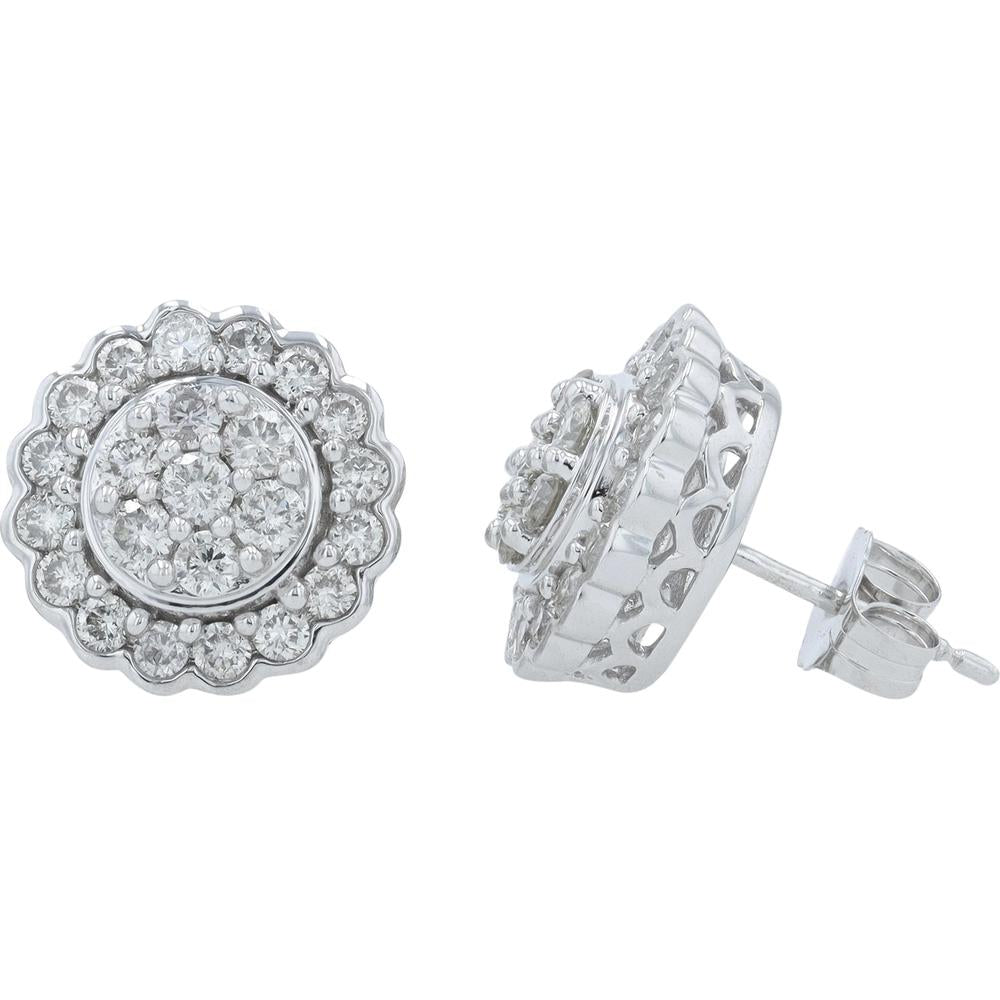 14K White Gold 1 Carat Diamond Cluster Stud Earrings - 1.00 Carat Total Diamond Weight