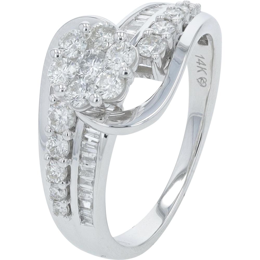 14K White Gold 1 Carat Diamond Engagement Ring with Round and Baguette Diamonds - 1.00 Carat Total Diamond Weight
