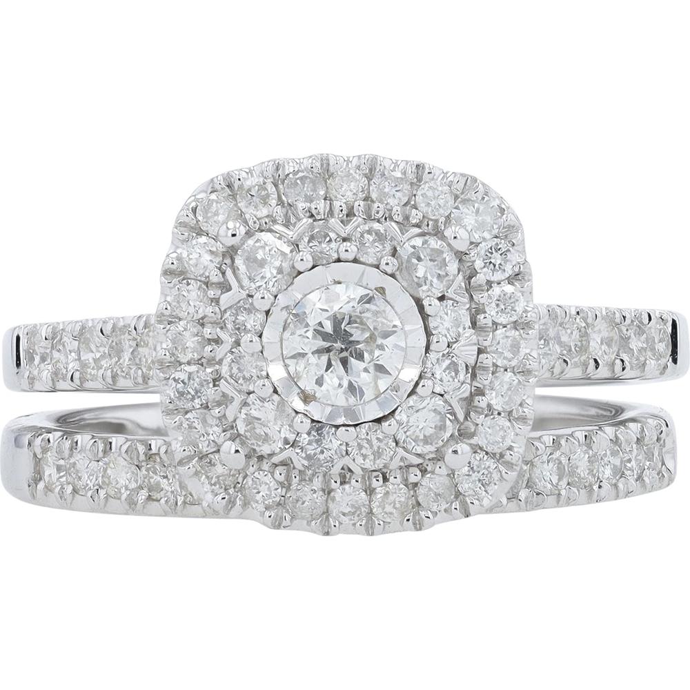 14K White Gold 1 Carat Diamond Halo Bridal Set with Round Diamonds - 1.00 Carat Total Diamond Weight