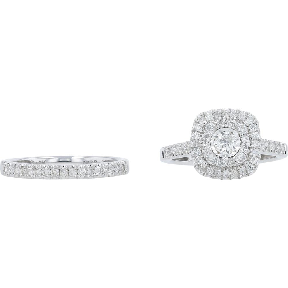14K White Gold 1 Carat Diamond Halo Bridal Set with Round Diamonds - 1.00 Carat Total Diamond Weight