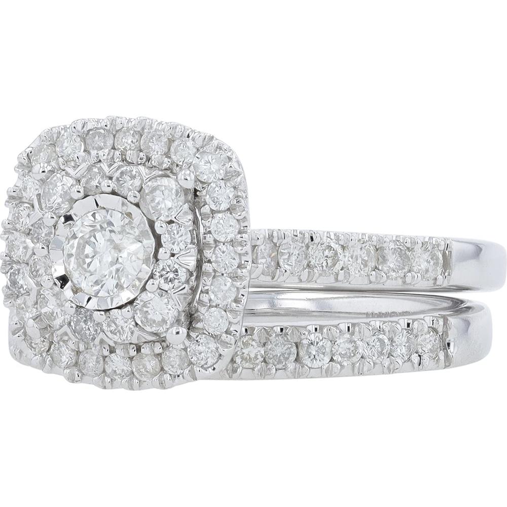 14K White Gold 1 Carat Diamond Halo Bridal Set with Round Diamonds - 1.00 Carat Total Diamond Weight