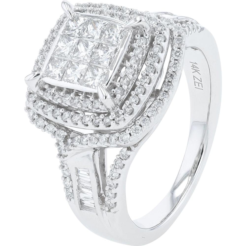 14K White Gold 1 Carat Diamond Halo Ring with Milgrain Detail and Cushion Cut Center Stone - 1.00 Carat Total Diamond Weight