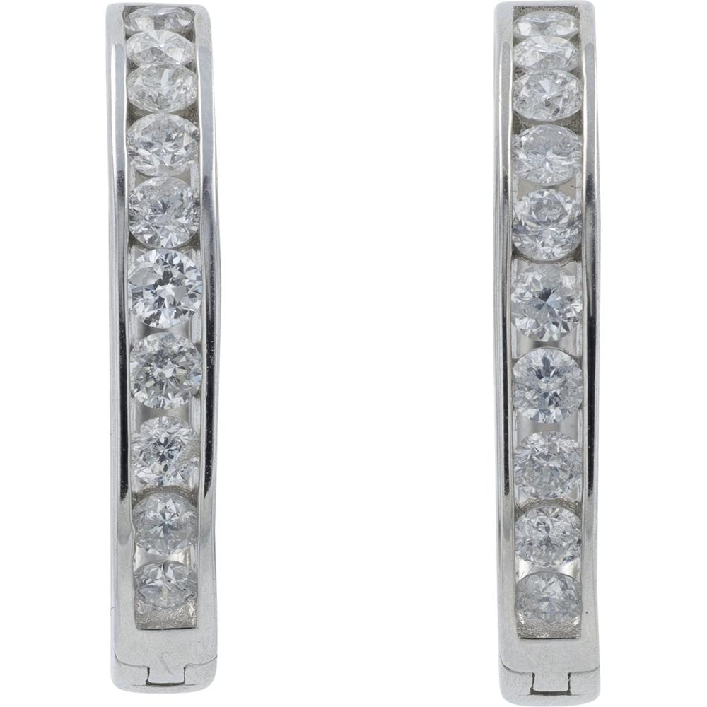 14K White Gold 1 Carat Diamond Hoop Earrings - Round Brilliant Diamonds