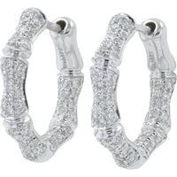 14K White Gold 1 Carat Diamond Inside - Out Bamboo Hoop Earrings - 1.00 Carat Total Diamond Weight