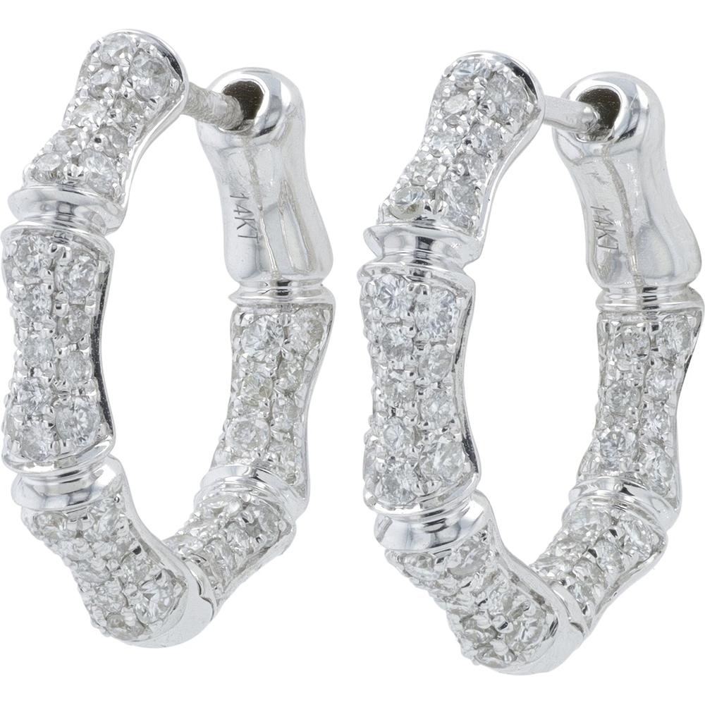 14K White Gold 1 Carat Diamond Inside - Out Bamboo Hoop Earrings - 1.00 Carat Total Diamond Weight