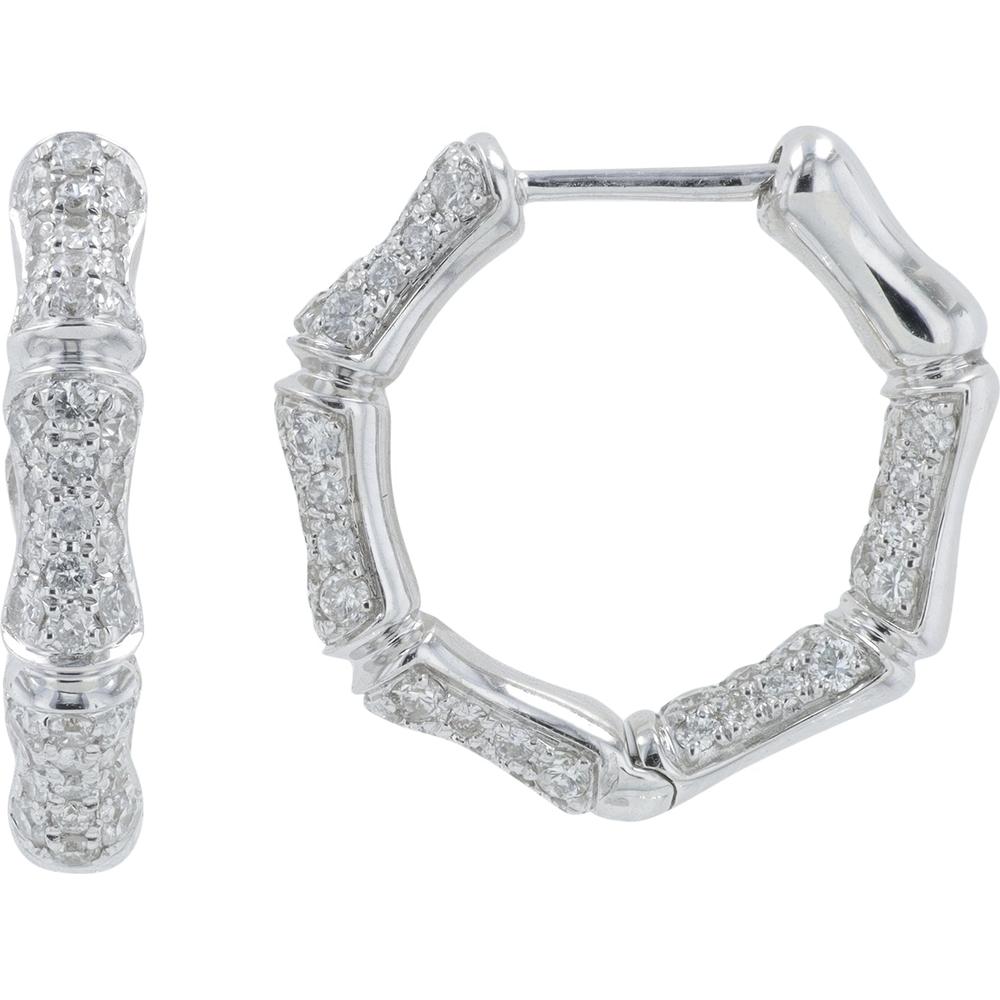 14K White Gold 1 Carat Diamond Inside - Out Bamboo Hoop Earrings - 1.00 Carat Total Diamond Weight