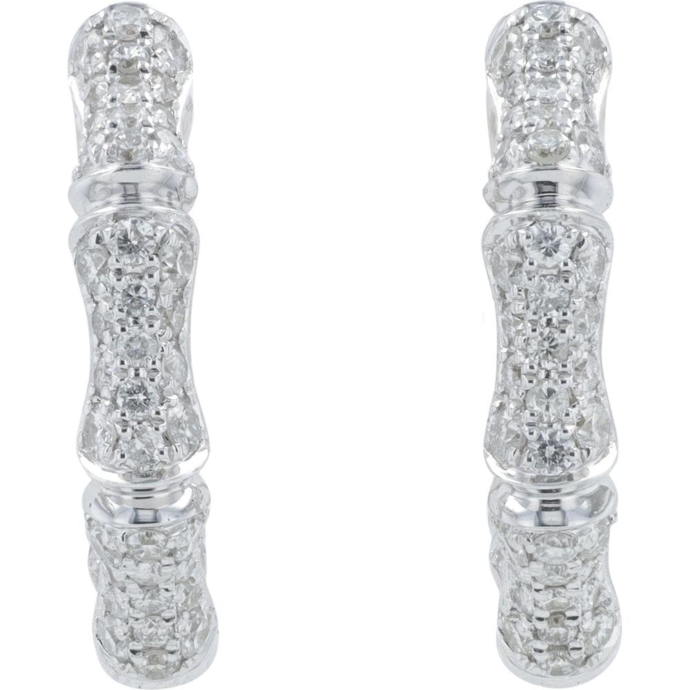 14K White Gold 1 Carat Diamond Inside - Out Bamboo Hoop Earrings - 1.00 Carat Total Diamond Weight