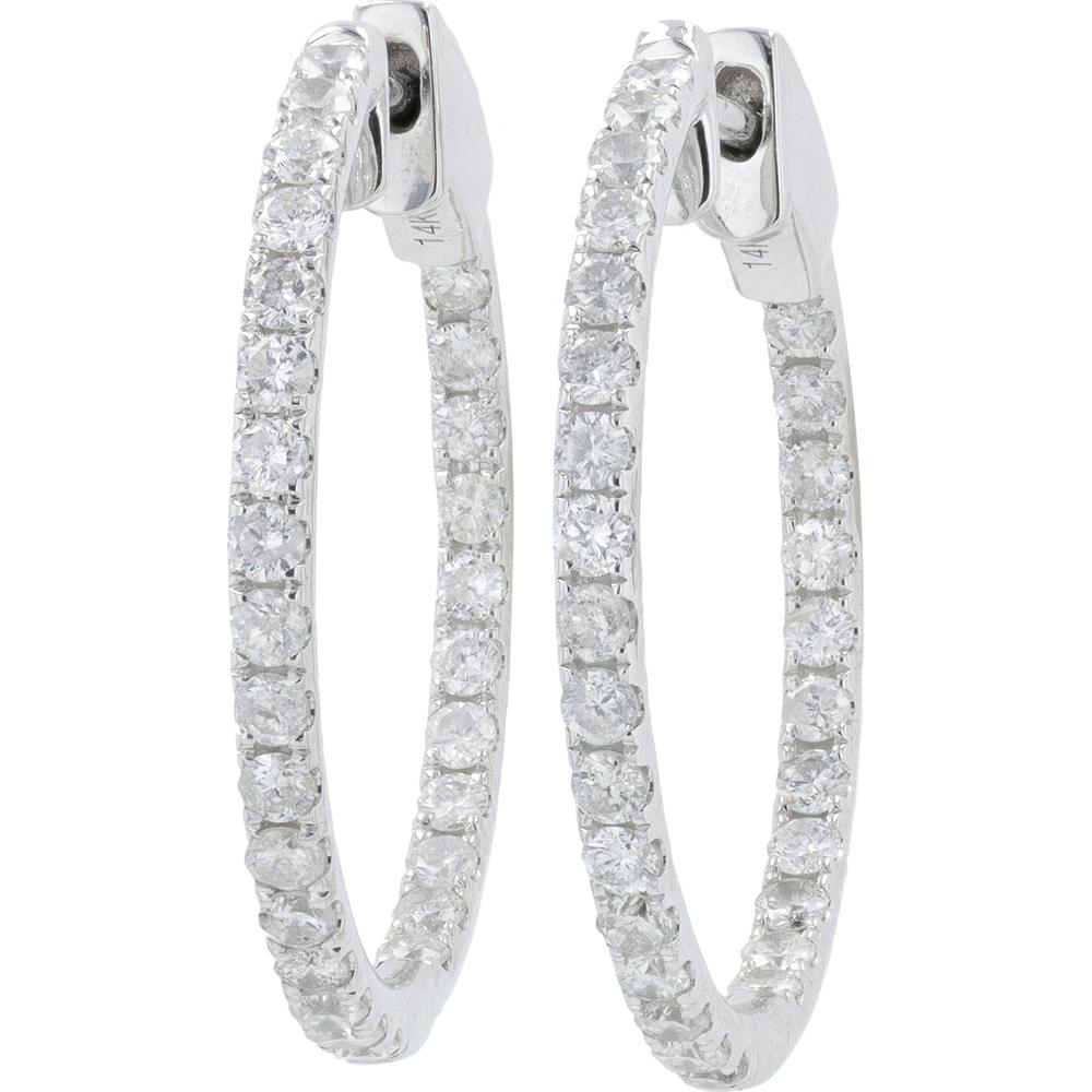 14K White Gold 1 Carat Diamond Inside - Out Large Hoop Earrings - 1.00 Carat Total Diamond Weight