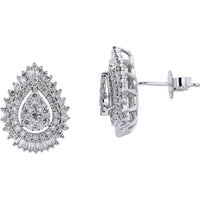 14K White Gold 1 Carat Diamond Pear - Shaped Drop Cluster Stud Earrings - 1.00 Carat Total Diamond Weight