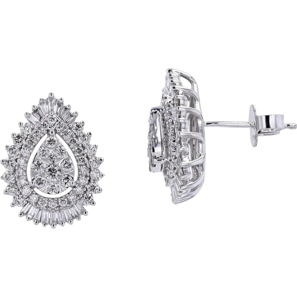 14K White Gold 1 Carat Diamond Pear - Shaped Drop Cluster Stud Earrings - 1.00 Carat Total Diamond Weight