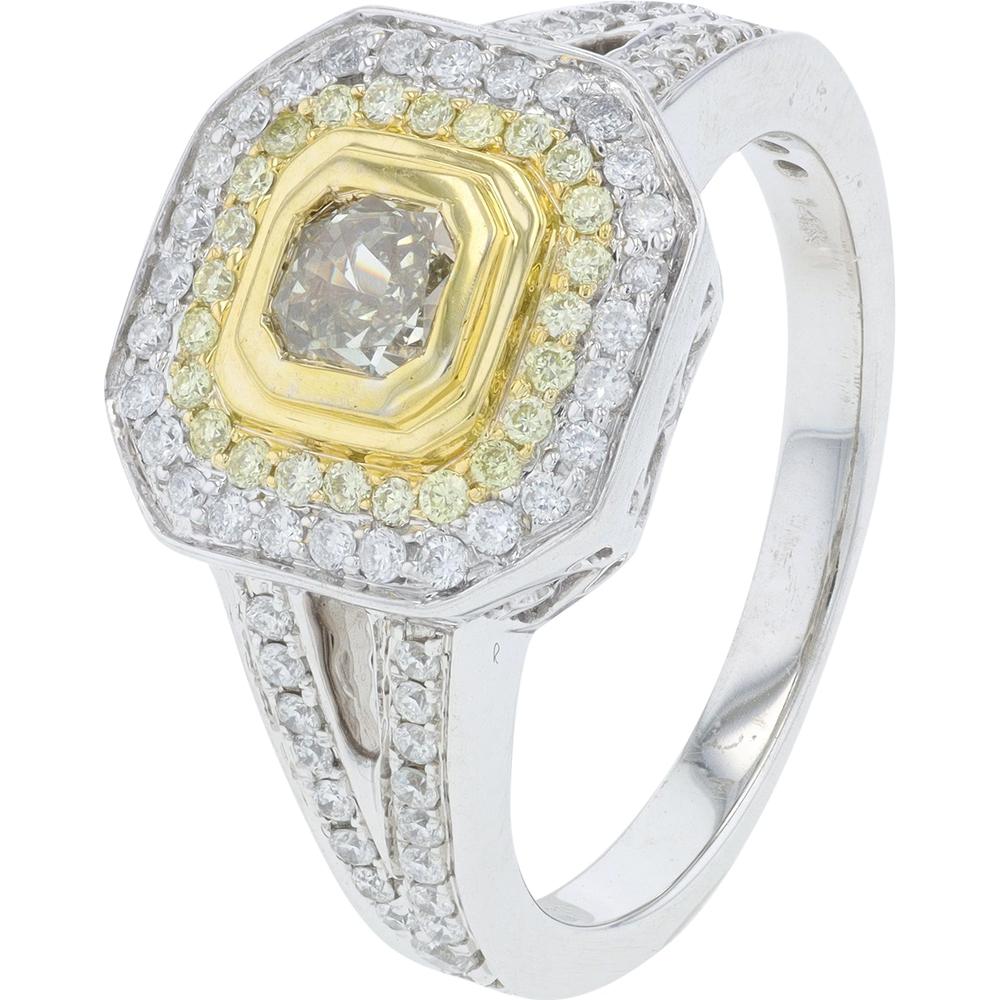 14K White Gold 1 Carat Diamond Ring with Cognac Cushion Cut Halo