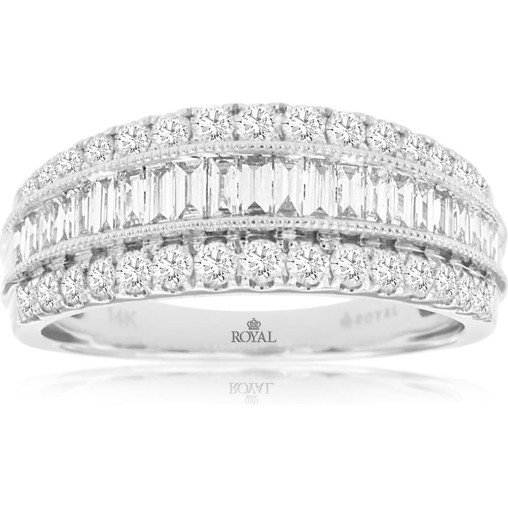 14K White Gold 1 Carat Diamond Wedding Band with Channel Set Baguette and Milgrain Edge Round Diamonds - Royal Jewelry
