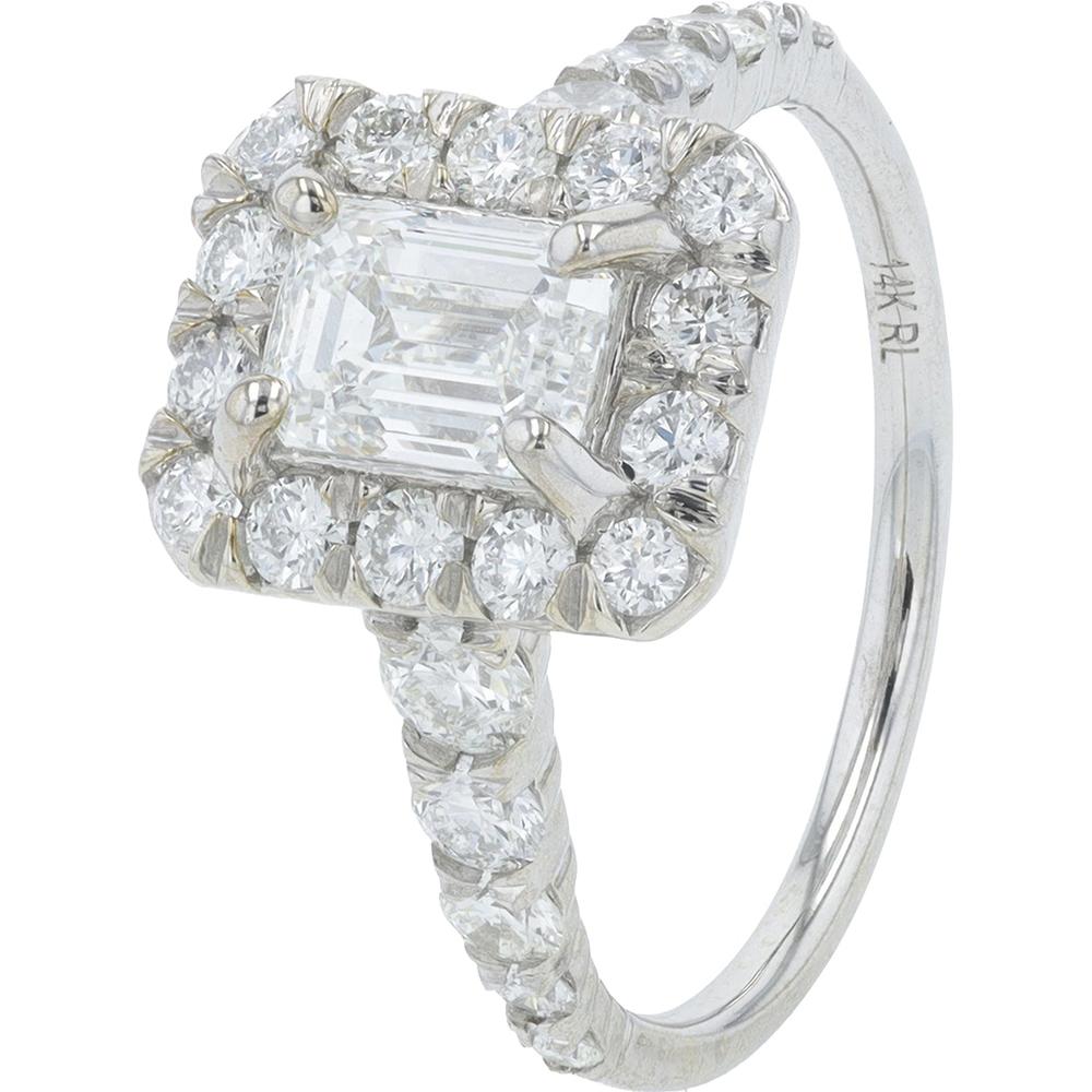 14K White Gold 1 Carat Emerald Cut Diamond Halo Engagement Ring - 2.00 Carat Total Diamond Weight