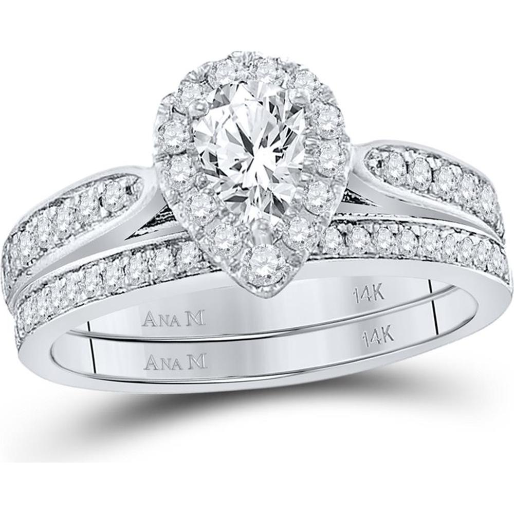 14K White Gold 1 Carat Pear and Round Diamond Bridal Wedding Ring Set with Pave and Prong Setting
