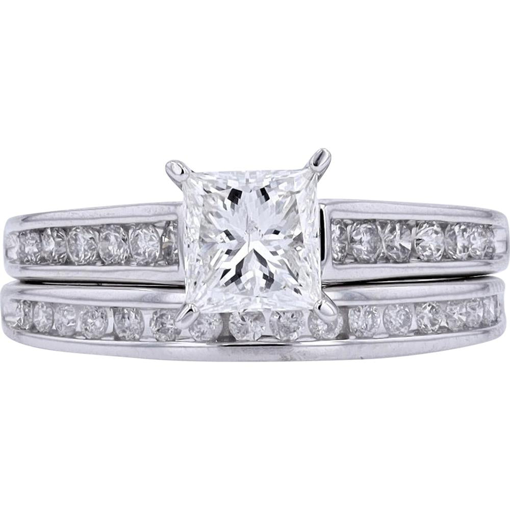 14K White Gold 1 Carat Princess Cut Center Bridal Set with Channel Set Diamonds - 1.50 Carat Total Diamond Weight
