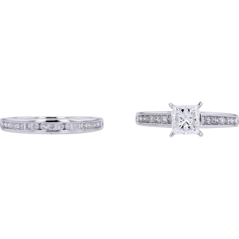 14K White Gold 1 Carat Princess Cut Center Bridal Set with Channel Set Diamonds - 1.50 Carat Total Diamond Weight