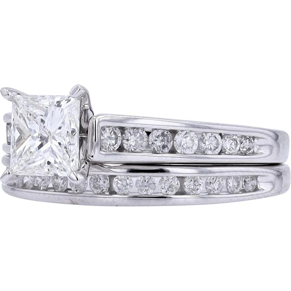 14K White Gold 1 Carat Princess Cut Center Bridal Set with Channel Set Diamonds - 1.50 Carat Total Diamond Weight